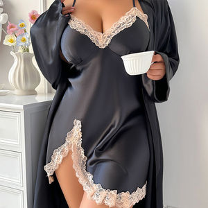 Ropa de dormir para mujer al por mayor, conjunto de lencería sexy de talla grande, camisones de mujer, ropa de noche informal de poliéster, pijama de satén de seda - Product Image 6