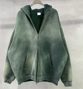 Vente en gros de sweats à capuche rétro vintage unis pour hommes, poids lourd, 400 GSM, sweat à capuche double, fermeture éclair intégrale, sweat à capuche délavé au soleil - Product Image 1