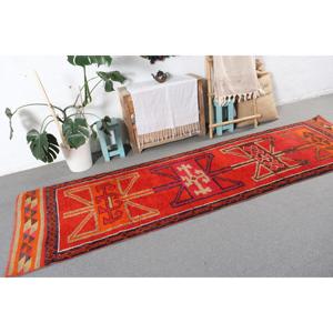 Vintage <b>Runner</b> Rug 2.9x10.6 ft, <b>Red</b> Orange Striped Rug Wool - Product Image 4