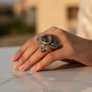 Anillo de Mujer Chapado en Oro Rosa con Incrustaciones de Piedras Preciosas y Diamantes, Estilo Romántico y Moderno, Marca Privada con Licencia 'IS' - Product Image 1