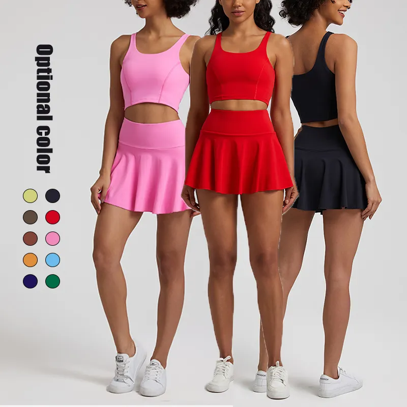 Custom Logo Women Elasticity Golf Skirts And Workout Bra Sets Women Sportswear Gym Fitness Yoga Sets Skirt