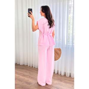 Ensemble deux pièces en lin rose à ceinture, boutonnage simple - Vente en gros - Product Image 5