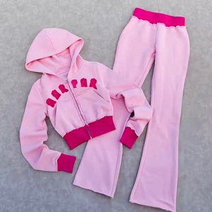 Conjunto de pantalones de chándal acampanados con capucha y cremallera 3D de 2 piezas para mujer, Polar Chaqueta de algodón, pantalones de tiro bajo, técnica lavada, Hip Hop de invierno - Product Image 4