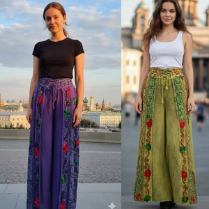 Pantalon d'été tendance 2025 pour femme en satin, taille élastique, broderie en rayonne, respirant, matière premium, détails brodés, style vintage - Product Image 1