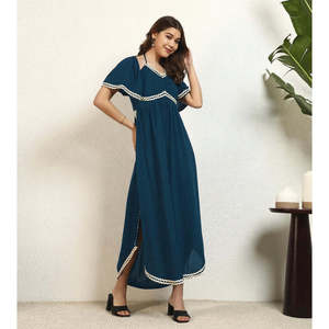Deebaco Women's Navy Blue Off-Shoulder Maxi <b>Dress</b> With Contrast Binding Loose Boho Style Chiffon Summer Casual One Piece <b>Dress</b> - Product Image 5