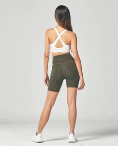 Mallas cortas de entrenamiento de Yoga de nailon a juego con logotipo personalizado, pantalones cortos de motorista de gimnasio sin costuras acanalados para mujer - Product Image 3