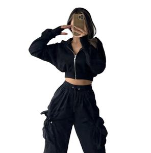 2023 High Quality Custom Crop Top Solid Zipper <b>Hoodie</b> Women <b>Comfy</b> Fleece Pullover Women Hoodies Zipper up Crop Top Hoodies - Product Image 1