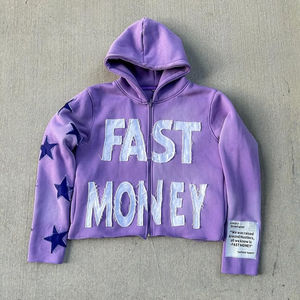 Écologique Personnalisé Élégant Vibrant Acid Washed Distressed Patches Brodés Cropped Zip-Up Hoodie pour Hommes - Product Image 6