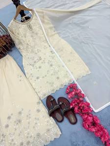 Ensemble de fête et de mariage spécial pour femmes, élégant et traditionnel, en faux georgette lourd, longueur au sol, séchage rapide, extensible, haut, pantalon palazzo et dupatta - Product Image 6