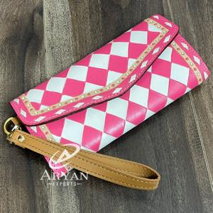 Nouvelle pochette à main en cuir à carreaux rose et blanc de style vintage pour femmes, en cuir véritable, porte-cartes et porte-monnaie, bracelet de poignet - Product Image 1