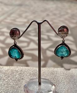 925 <b>Sterling</b> <b>Silver</b> Classic Style Paraiba Tourmaline Crystal Oxidised Hammered <b>Stud</b> <b>Earrings</b> - Product Image 5