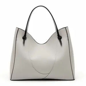 Bolso italiano de cuero gris claro hecho a mano con ribete negro-Bolso grande de mango largo, diseño minimalista