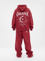Ensemble survêtement décontracté 2 pièces pour femme, rouge délavé, avec sweat à capuche et pantalon de survêtement, coupe régulière, motif graphique vieilli, style streetwear
