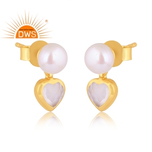 Latest Design Sterling Silver 18K Gold Plated Pearl & Rainbow Moon Stone Gemstone <b>Earring</b> Demi <b>Fine</b> Jewelry Manufacturer - Product Image 2