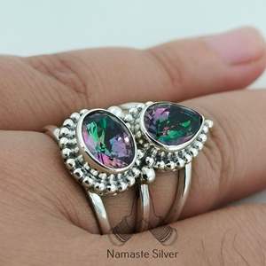 Mystic Topaz & Sterling <b>Silver</b> Handmade <b>Statement</b> Women's <b>Ring</b> Dual Gemstone Pear Cut for Birthday Anniversary Christmas Gift - Product Image 2