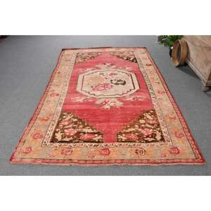 Tapis Vintage en Laine Turque Classique Rouge Marron 5.2 X 8.2ft Large Surface Rectangle Patchwork Design Support en Latex pour Entrée Couloir - Product Image 1