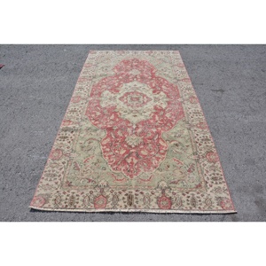 Alfombra de lana turca Vintage de 5x9 pies, diseño de retales rojo y verde, técnica de tejido plano para decoración para sala de estar, látex de 10mm de espesor - Product Image 1