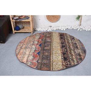 พรมตุรกีขนาด 4.7x4.7 ฟุต, พรมทรงกลมวินเทจ, พรมลายอิคัตสีน้ำตาลแดง - Product Image 1
