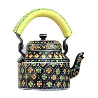 Ensemble de théière antique peinte à la main en Inde, 9 pièces, 1 théière, 6 verres, support en corde de fer et plateau en bois pour offrir en cadeau et pour la décoration de la maison