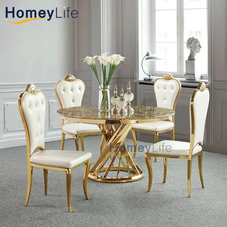 Mesa de jantar estilo casa novo design moderno, aço inoxidável dourado, redonda, mármore, sala de jantar com quatro banquetes