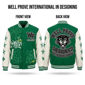 Veste universitaire personnalisée en toile 500 GSM, panneau contrastant rouge et blanc, broderie chenille, strass, manches en polyester, devant - Product Image 3