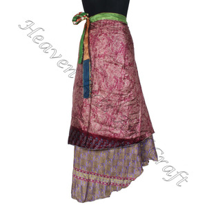 กระโปรงผ้าไหมส่าหรีแบบอินเดียใหม่กระโปรงห่อผ้าไหมพิมพ์ลายบล็อกด้วยมือ - Product Image 5