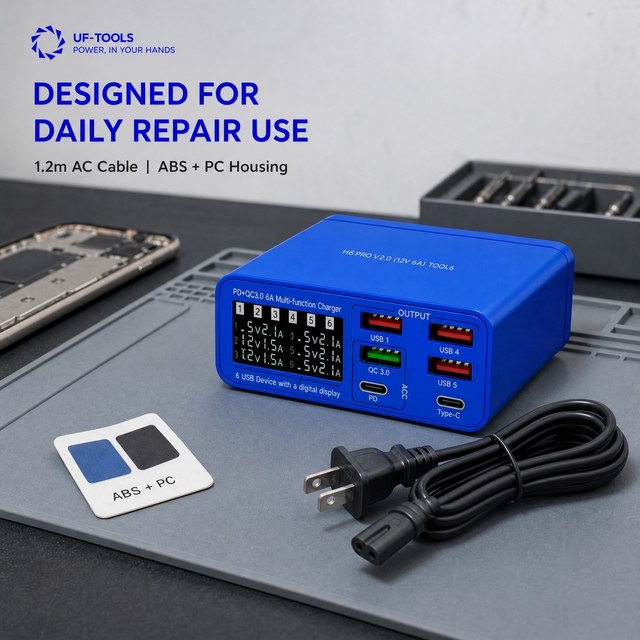 Smart 6-Port USB Charger Station with Digital LCD Display 40W Total Output PD QC3.0 Charging Hub for Mobile Phone Repair