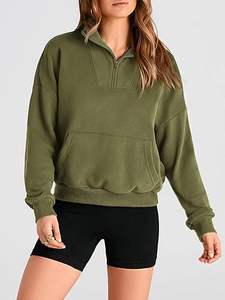 Mujeres cuarto Zip manga larga recortada invierno Casual cuello en V pulóver Tops con bolsillos sudadera - Product Image 2