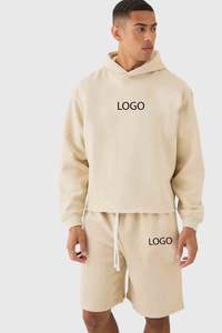 Streetwear personnalisé décontracté 2 pièces recadrée ourlet ouvert surdimensionné à capuche et ensemble court respirant français éponge survêtement en détresse - Product Image 3