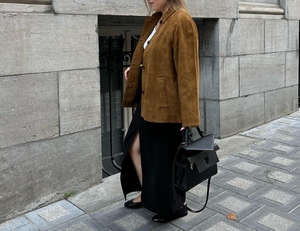 เสื้อเบลเซอร์กระดุมสองแถวหนังแกะผิวมาใหม่เสื้อแจ็คเก็ตผ้าไหมซับในสีทึบกันลมฤดูใบไม้ผลิฤดูใบไม้ร่วงฤดูหนาว - Product Image 4