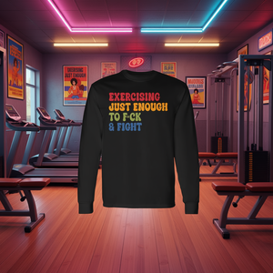 T-Shirt a Maniche Lunghe Stile Retrò Vintage 'Just-Enough Exercise' per Fck & Fight, T-Shirt Promozionale in Stile Vintage - Product Image 3