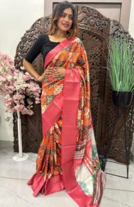 Saree Kalamkari imprimé numérique en soie Dola douce de qualité supérieure et riche avec bordure Kanjivaram pour femmes - Product Image 4