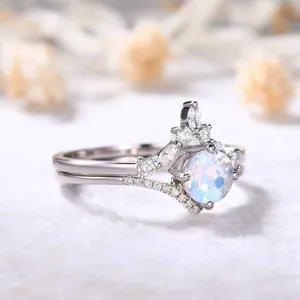 แหวนเพชรสีโรสโกลด์แหวนแต่งงานมูนสโตนสีรุ้งดีไซน์ใหม่เครื่องประดับทองแท้พร้อมแหวนเพชรแท้