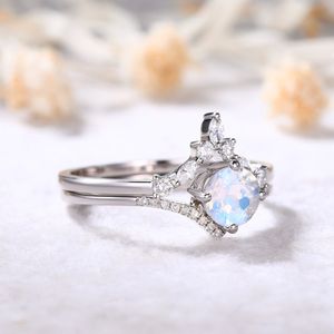 Vente chaude pur solide 14k or bague de fiançailles de mariage arc-en-ciel pierre de lune et diamant couronne forme attrayant ensemble de bagues pour les femmes - Product Image 3