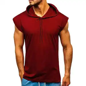 Tùy Chỉnh Người Đàn Ông 100% Cotton Thể Hình Phòng Tập Thể Dục Tập Thể Dục Thoáng Khí Tanktops Với Áo, Không Tay Phòng Tập Thể Dục Trùm Đầu Singlet Ráp dây Vest