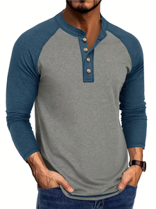 Camiseta Henley de Manga Larga para Hombre, Manga Raglán, Cuello Redondo, Bloques de Color, Corte Regular, Apta para Primavera/Otoño, Fabricada en Bangladesh - Product Image 2