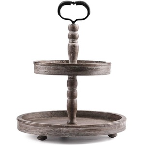 Nouveau support de gâteau de forme ronde de mariage de conception classique à 2 niveaux avec accessoire d'affichage de gâteau de pilier de feuille en métal support de gâteau en bois - Product Image 1