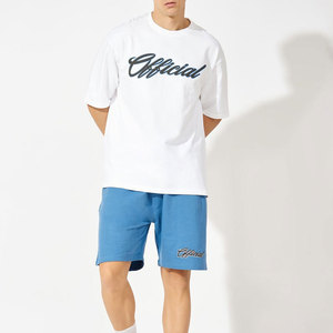 Ensemble décontracté d'été pour homme : T-shirt blanc en coton et short bleu, respirant, tricoté, avec logo imprimé sur le devant - Product Image 1