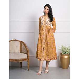 Vestido A-line de Algodón Amarillo con Estampado de Bloques para Mujer, Talla XS, Casual, Elegante, Hippie, para Fiesta, Cintura Natural, Transpirable, ODM, para el Día o Club - Product Image 3