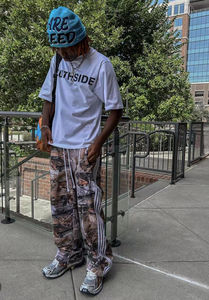 กางเกงวิ่งขายาวพิมพ์ลายพรางสำหรับทุกเพศกางเกงวอร์มทรงตรงทรงหลวมขากว้างมีเชือกปิดเสื้อผ้าทอย้อมสี - Product Image 2