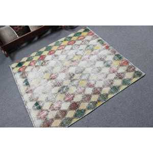 Tapis d'appoint vintage 3,7x4,1 pi (114x125 cm), tapis turc vert Ikat - Product Image 2
