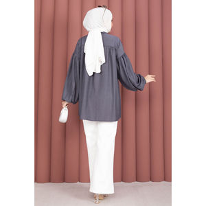Tunique décontractée d'automne à manches ballon et détails froncés, en mousseline de soie gris fumé à motif imprimé, coupe ample, tailles XS-XL, style quotidien - Lavée - Product Image 5