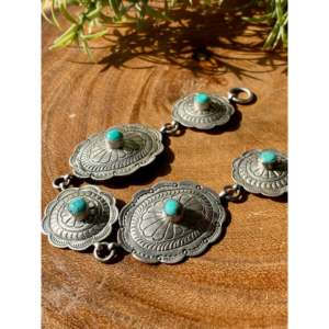 Handmade Navajo Kingman Turquoise & Sterling <b>Silver</b> Flower Concho Link <b>Bracelet</b> - Product Image 4