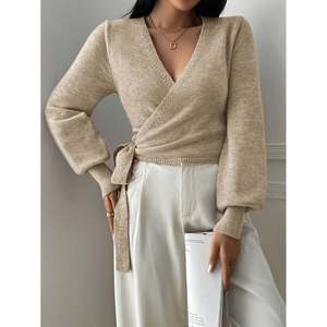 Cardigan boutonné fait main pour femme - Pull long à manches lanternes, kaki, 100 % acrylique, anti-boulochage, respirant et chaud - Product Image 2