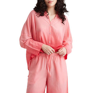 Conjunto transpirable de pijama de algodón puro de dos piezas de verano para mujer, manga larga y pantalones, cómodos conjuntos de salón con botones y volantes - Product Image 4