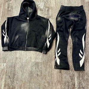 Survêtements personnalisés en coton délavé à l'acide, épais, fermeture éclair intégrale, imprimé gonflé, survêtements délavés à l'acide, ensembles de sweats à capuche et de pantalons de survêtement pour hommes - Product Image 1