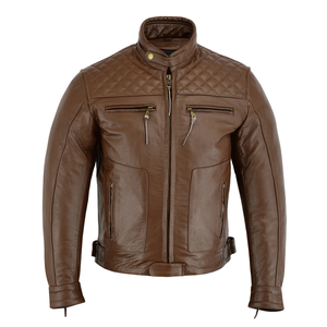 Men's Brown Genuine Diamond Leather Racing Motorbike Jacket CE-Certified <b>Protectors</b> for Winter Motorcycle Riding Windproof - Product Image 1