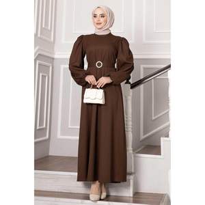 Crepe Coated <b>Belted</b> Dress <b>Brown</b> - Product Image 1