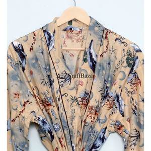 Premium Quality 100% Cotton Hand Block beige Color Kimono <b>Robe</b> Coverups Bath <b>Robes</b> Wrap Dress for <b>Women</b> From India - Product Image 4