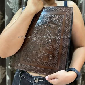 New Real Hand Tooled Extra Large Embossed Leather File <b>Folder</b> Boho Traditional Vintage Leather Travel Long Zip Document Holder - Product Image 4